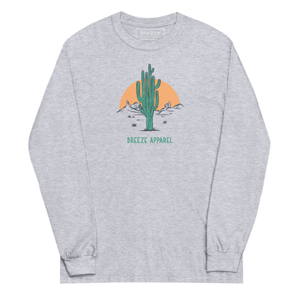 Sport-gray long-sleeved shirt with a graphic of a cactus and sunset, with 'Breeze Apparel' written in green below.