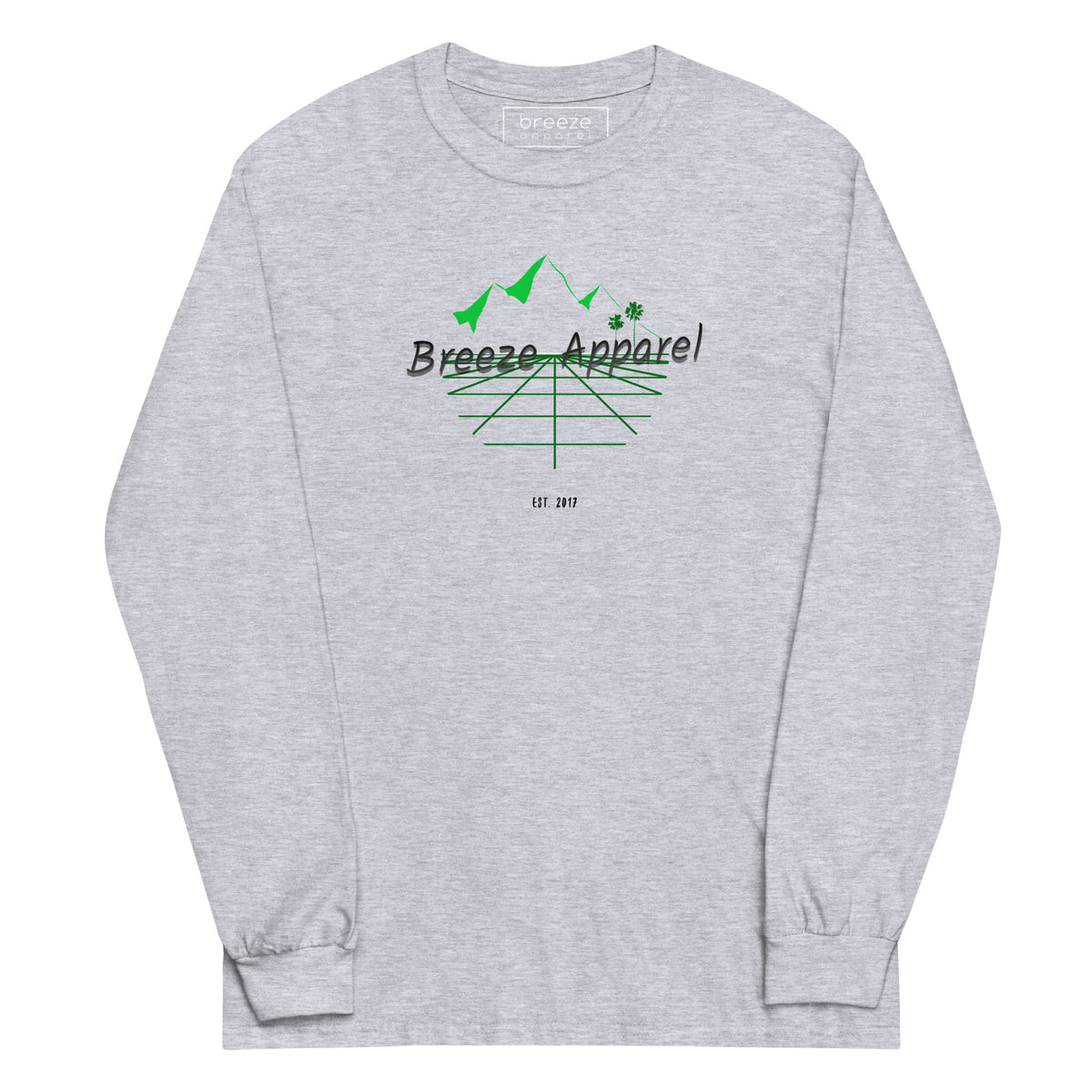 Sport-gray long-sleeved shirt with 'Breeze Apparel' logo set on a graphic of a grid, palm trees, and mountains.