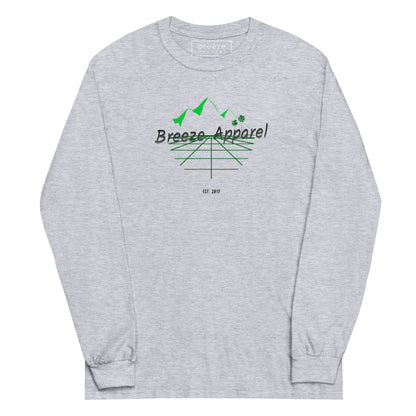 Sport-gray long-sleeved shirt with 'Breeze Apparel' logo set on a graphic of a grid, palm trees, and mountains.