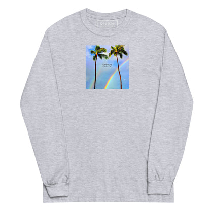 Sport-gray long-sleeved shirt with a graphic of palm trees, rainbow, and a clear blue sky in the background. A small, black 'breeze apparel' logo is between the trees.