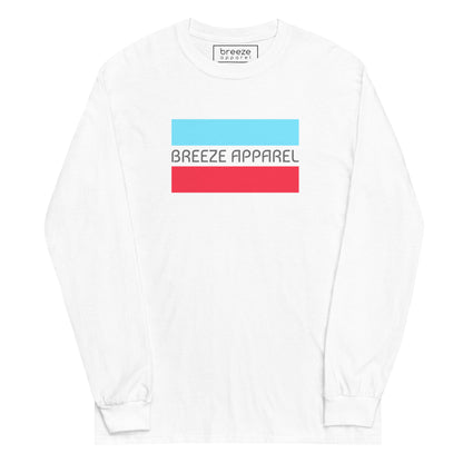 White long-sleeved shirt with gray 'Breeze Apparel' logo between horizontal bars, the top being light blue and the bottom being red.