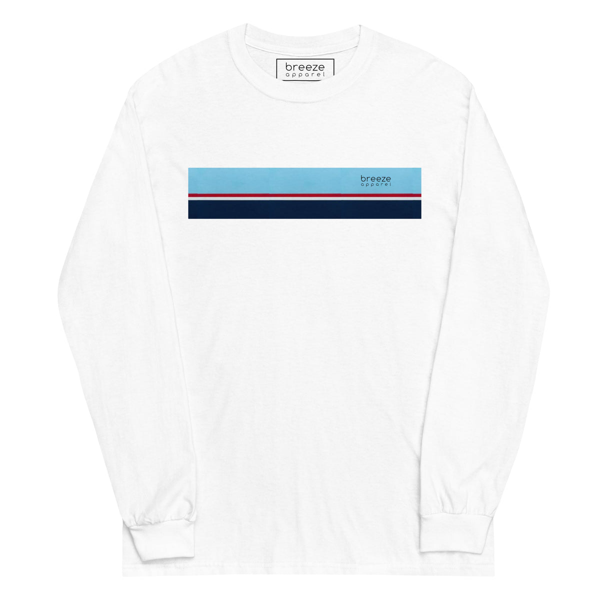 White long-sleeved shirt with horizontal blue, red, white, and navy stripe with small black 'breeze apparel' logo