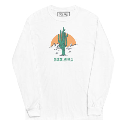 White long-sleeved shirt with a graphic of a cactus and sunset, with 'Breeze Apparel' written in green below.