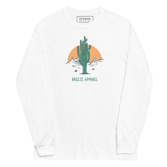 White long-sleeved shirt with a graphic of a cactus and sunset, with 'Breeze Apparel' written in green below.