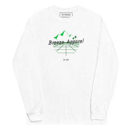 White long-sleeved shirt with 'Breeze Apparel' logo set on a graphic of a grid, palm trees, and mountains.