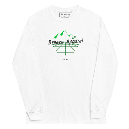 White long-sleeved shirt with 'Breeze Apparel' logo set on a graphic of a grid, palm trees, and mountains.