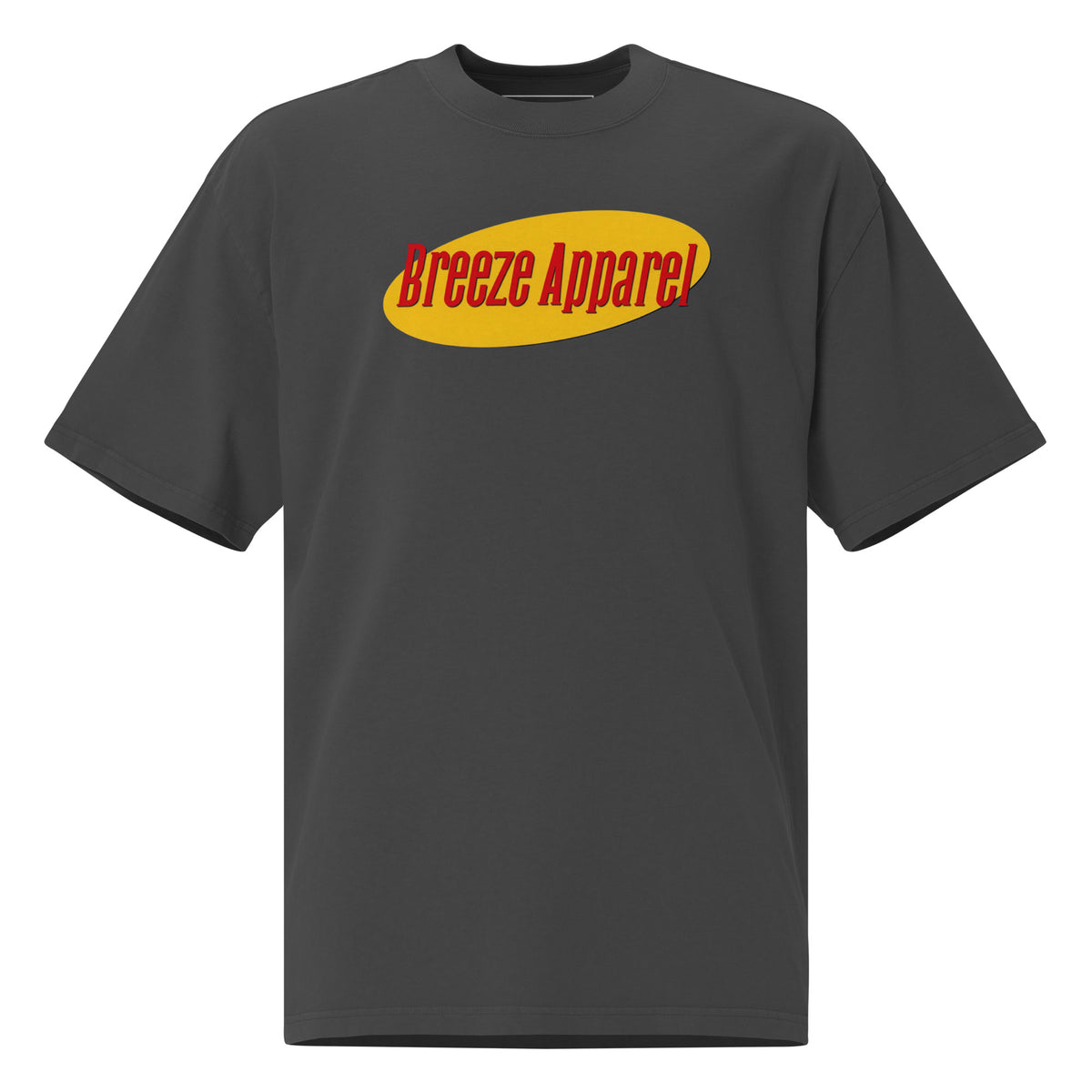 Gray t-shirt with graphic of red lettering set over yellow oval.