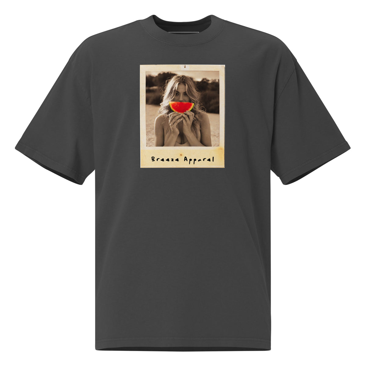 Gray t-shirt with graphic of woman holding watermelon slice in front of her mouth.