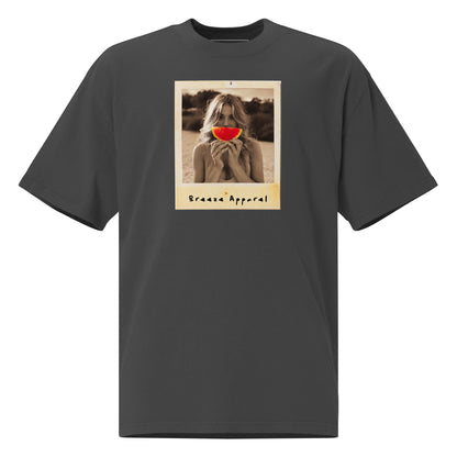 Gray t-shirt with graphic of woman holding watermelon slice in front of her mouth.