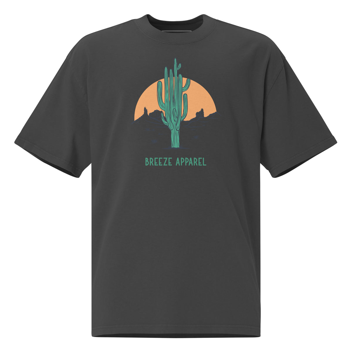 Gray t-shirt with graphic of cactus and sunset.