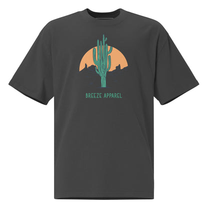 Gray t-shirt with graphic of cactus and sunset.
