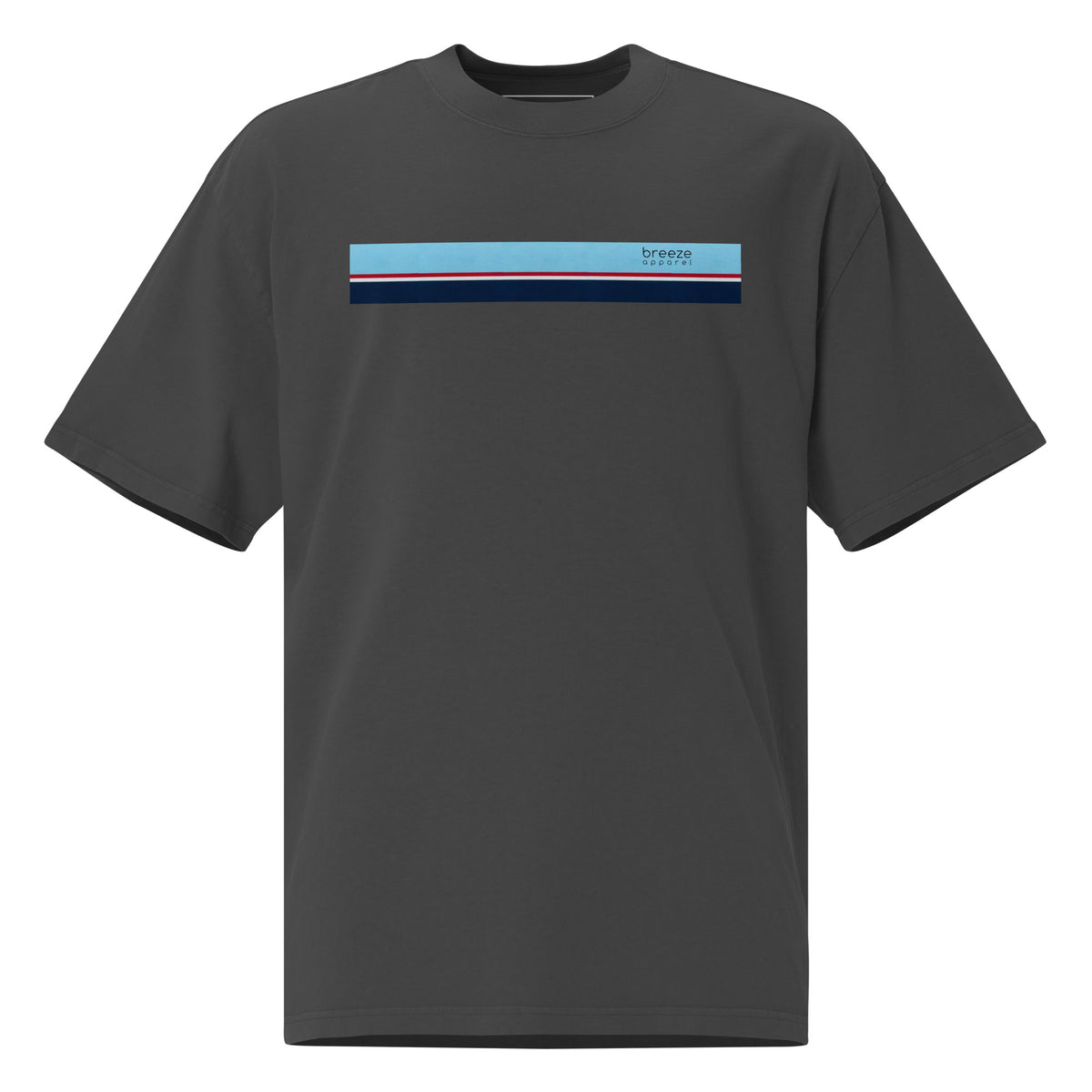 Gray t-shirt with stripe across chest.