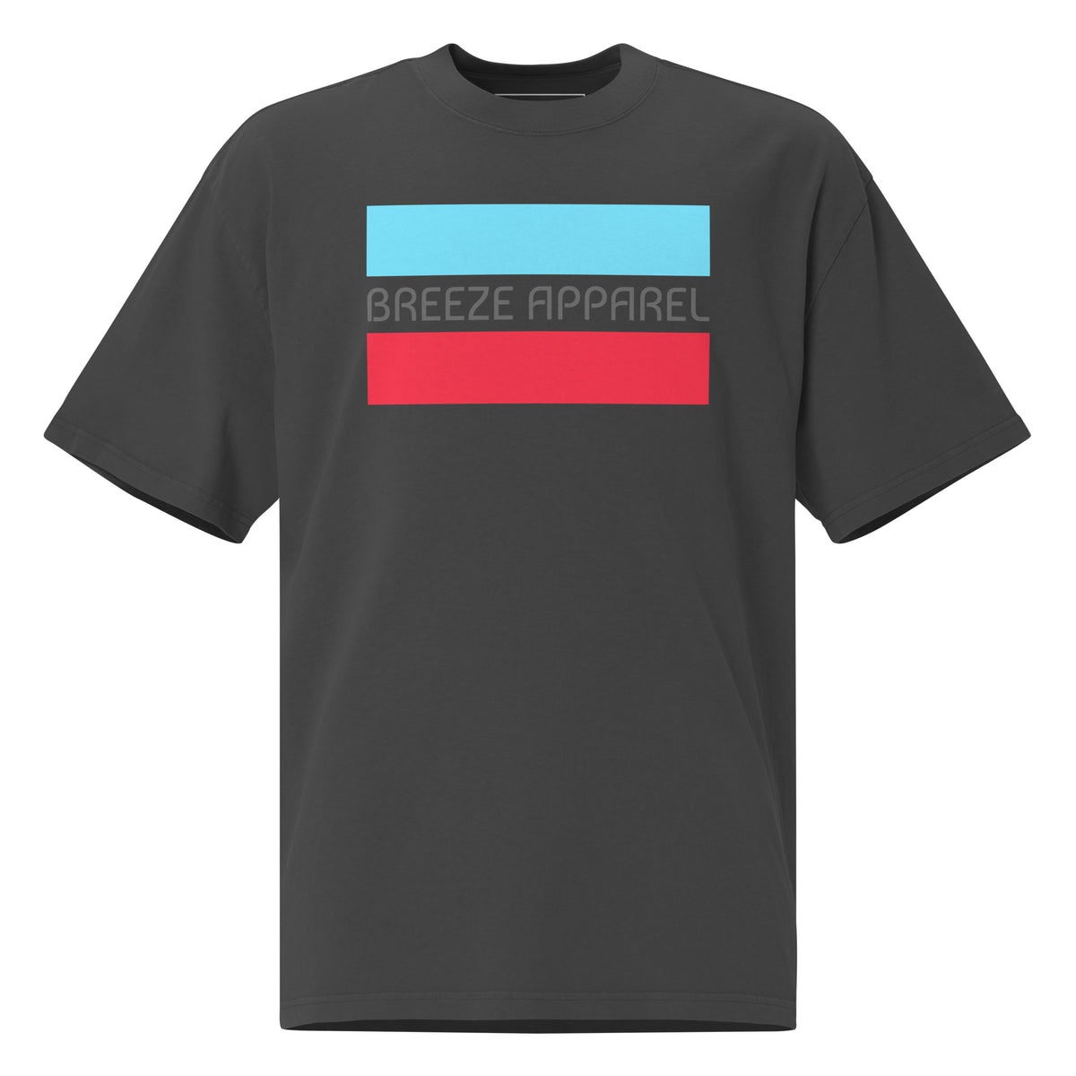 Gray t-shirt with graphic of gray lettering between light-blue and red stripes.