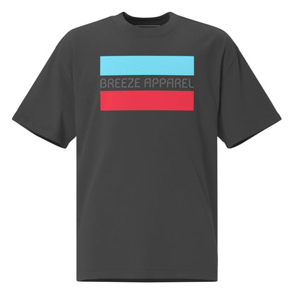 Gray t-shirt with graphic of gray lettering between light-blue and red stripes.
