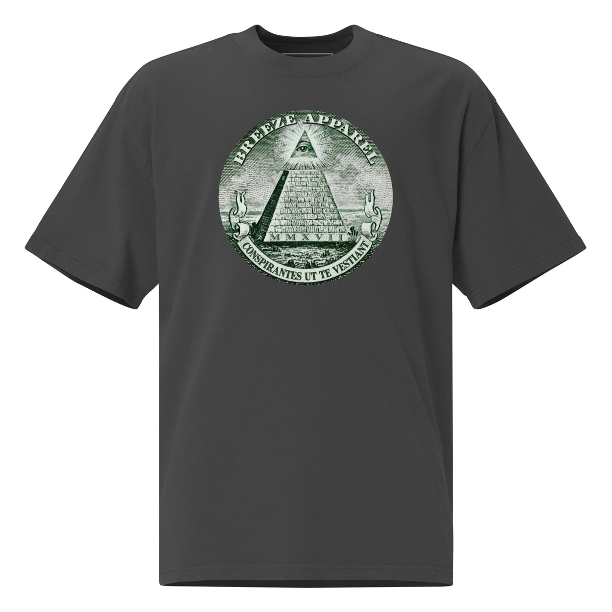 Gray t-shirt with graphic resembling pyramid on US one-dollar bill.