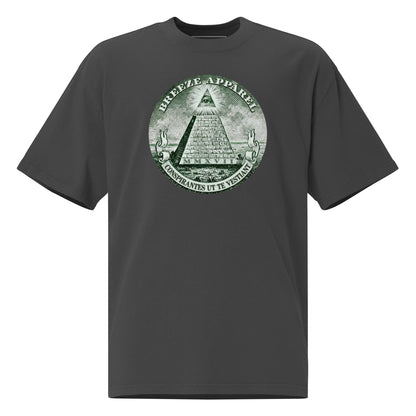 Gray t-shirt with graphic resembling pyramid on US one-dollar bill.