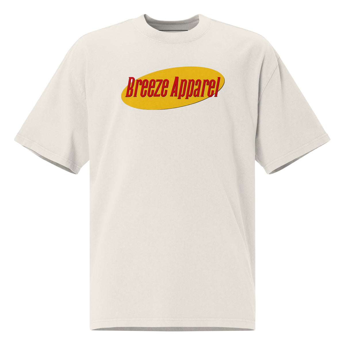 White t-shirt with graphic of red lettering set over yellow oval.