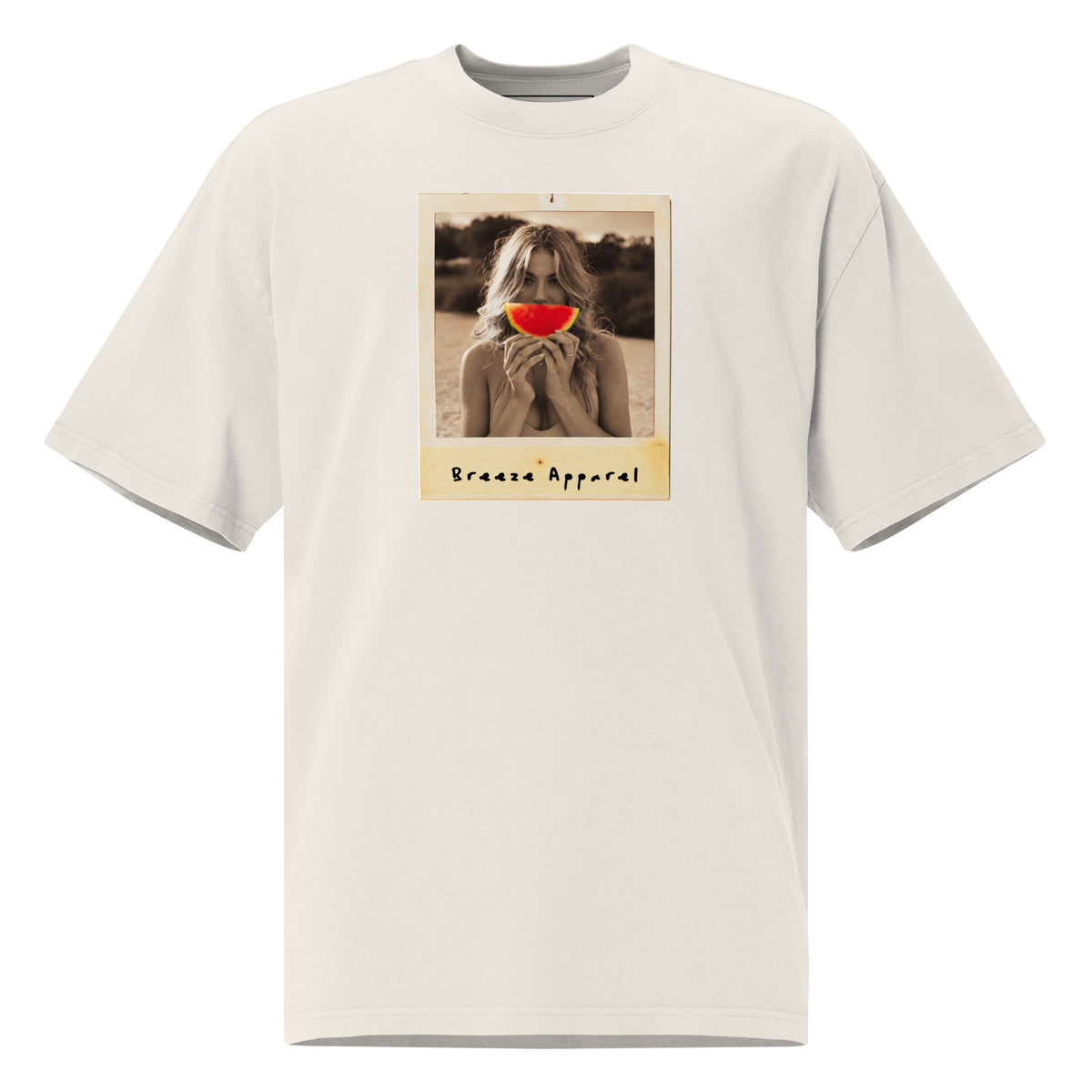 White t-shirt with graphic of woman holding watermelon slice in front of her mouth.