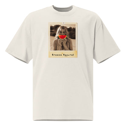 White t-shirt with graphic of woman holding watermelon slice in front of her mouth.