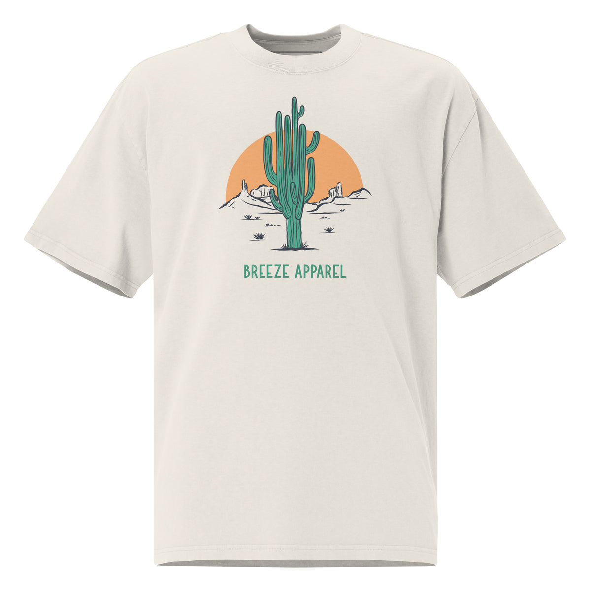 White t-shirt with graphic of cactus and sunset.
