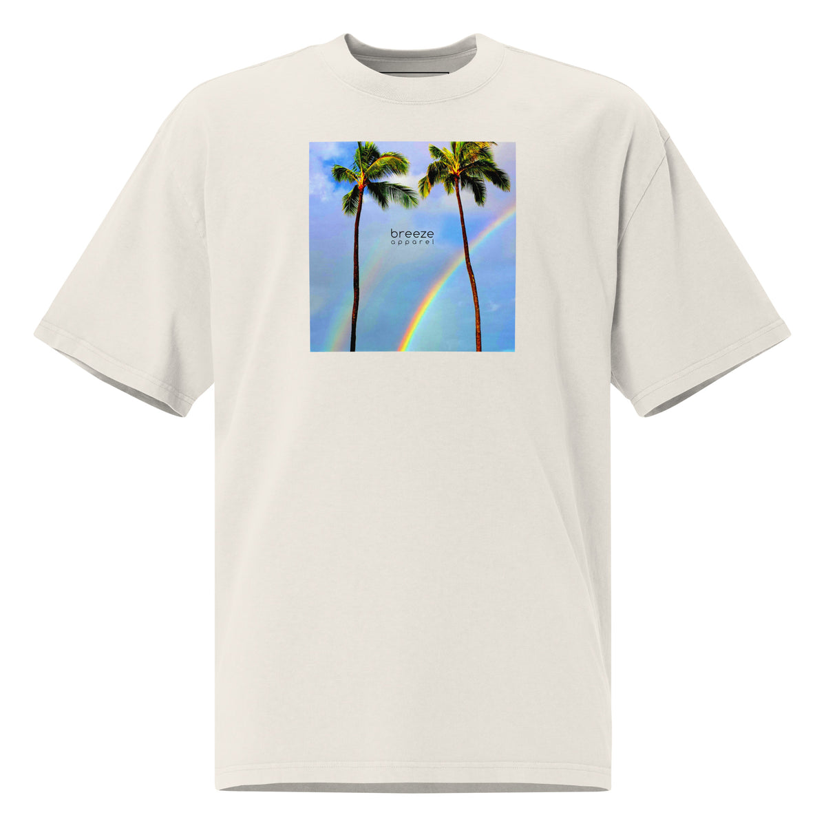 White t-shirt with graphic of two palm trees with rainbow in background.