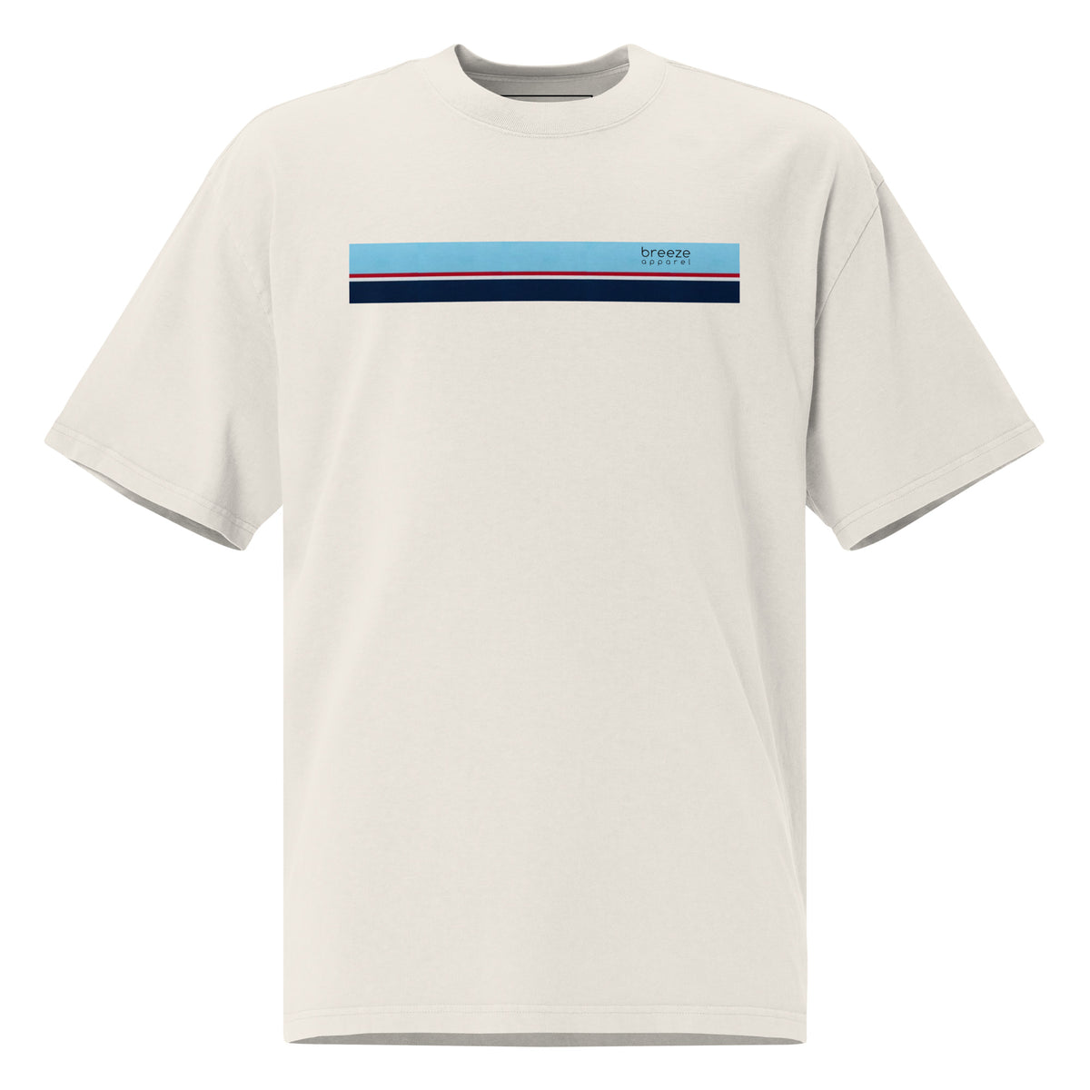 White t-shirt with stripe across chest.