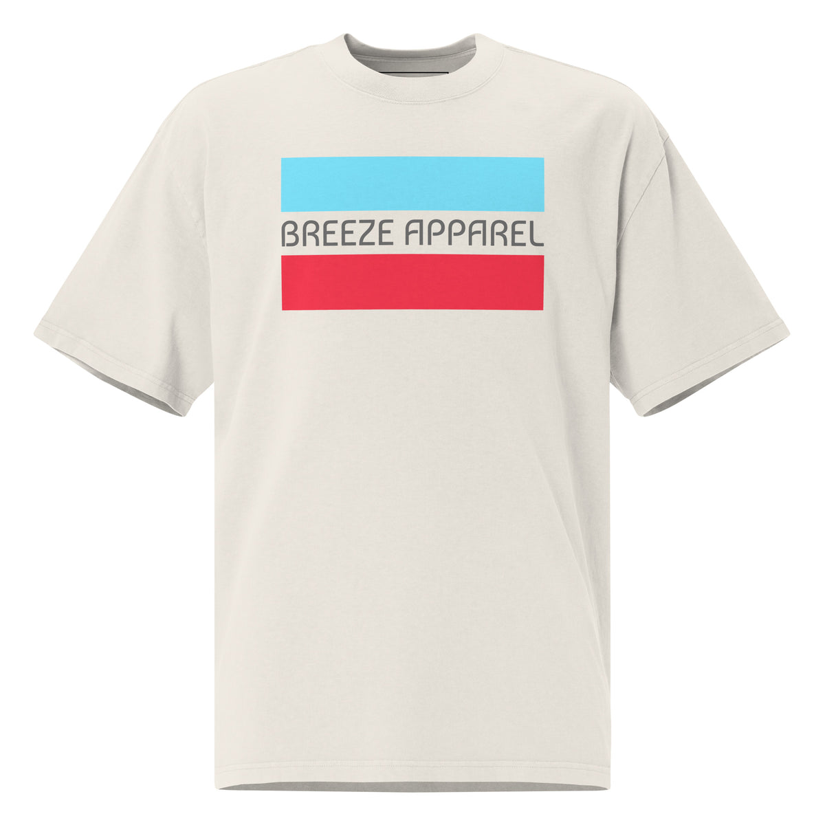White t-shirt with graphic of gray lettering between light-blue and red stripes.