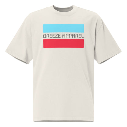 White t-shirt with graphic of gray lettering between light-blue and red stripes.
