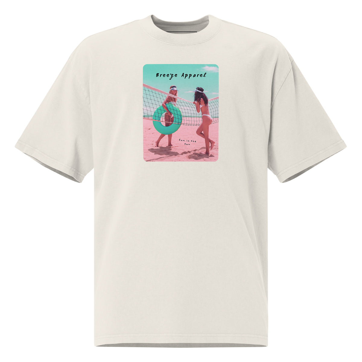 White t-shirt with graphic of two women on beach.