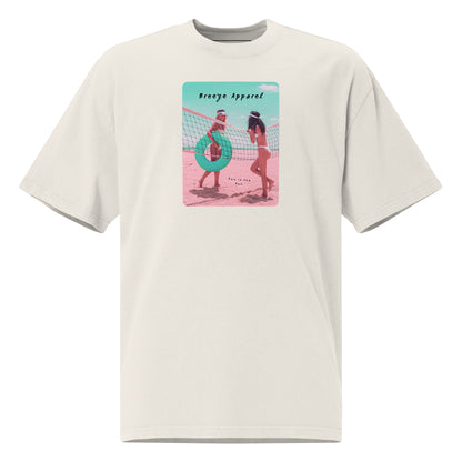 White t-shirt with graphic of two women on beach.