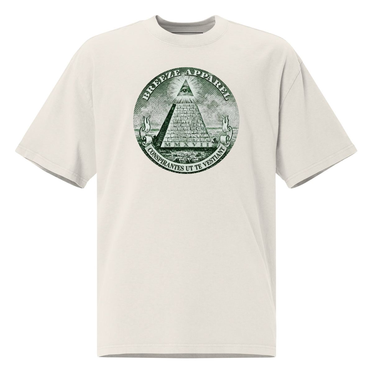 White t-shirt with graphic resembling pyramid on US one-dollar bill.