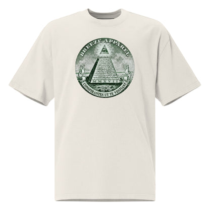 White t-shirt with graphic resembling pyramid on US one-dollar bill.