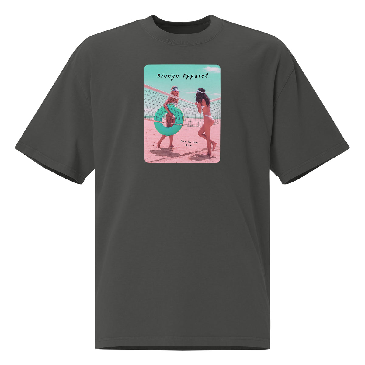 Gray t-shirt with graphic of two women on the beach.