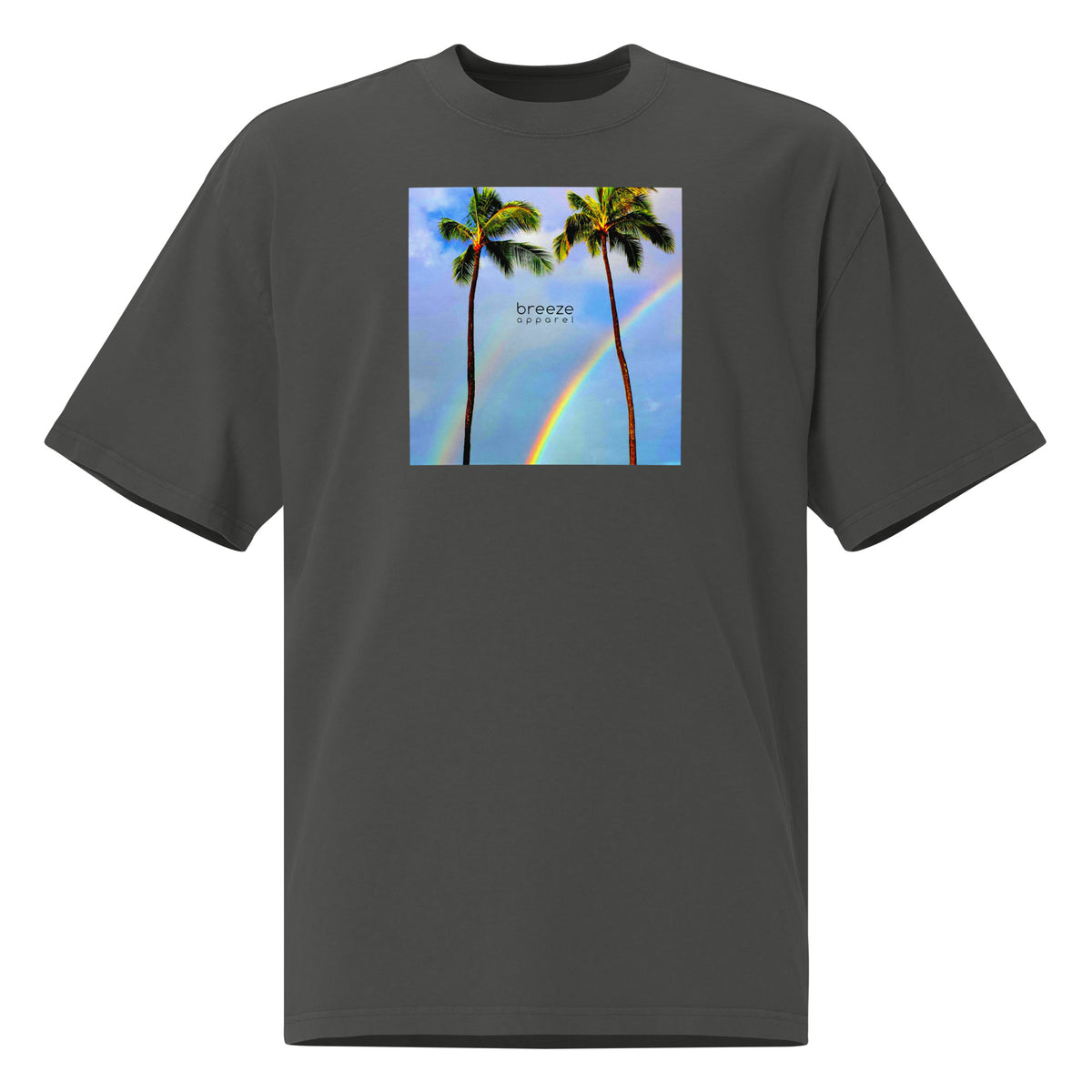 Gray t-shirt with graphic of two palm trees with rainbow in background.