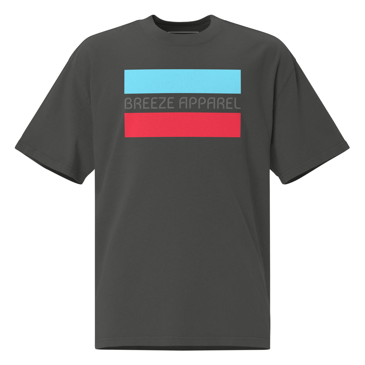Gray t-shirt with graphic of gray lettering between light-blue and red stripes.