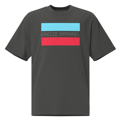 Gray t-shirt with graphic of gray lettering between light-blue and red stripes.