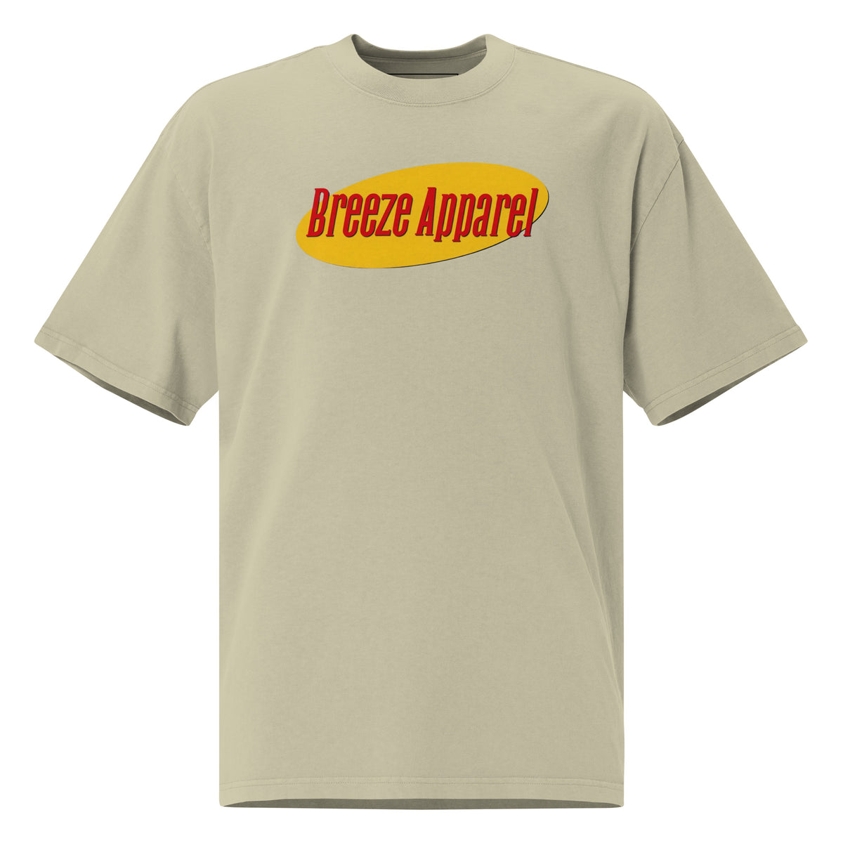 Green t-shirt with graphic of red lettering set over yellow oval.