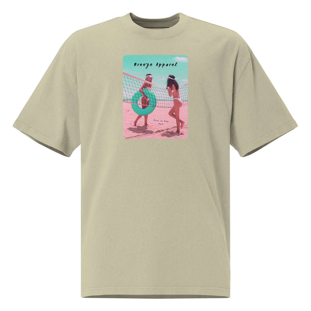 Green t-shirt with graphic of two women on the beach.