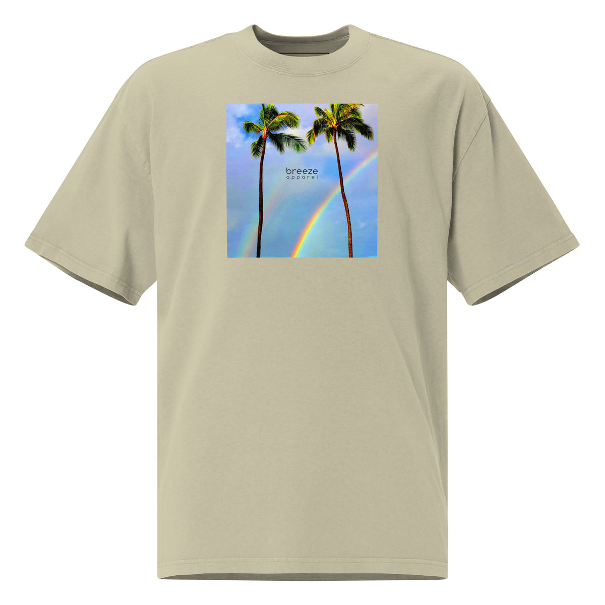 Green t-shirt with graphic of two palm trees with rainbow in background.