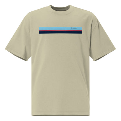 Green t-shirt with stripe across chest.