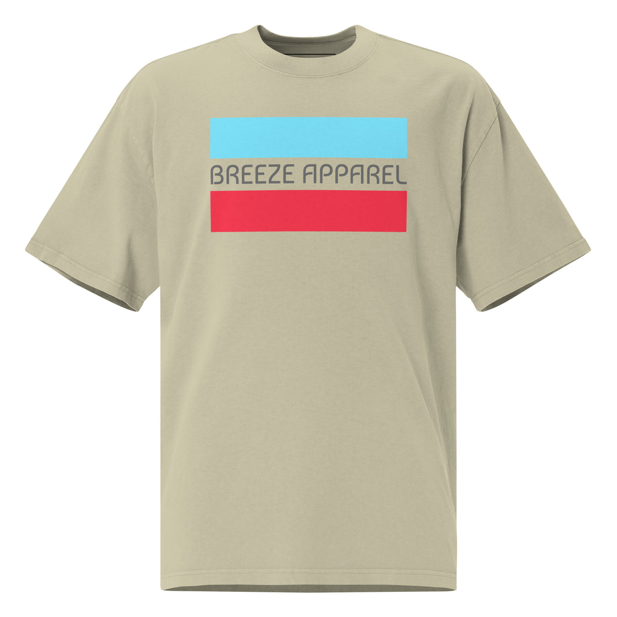 Green t-shirt with graphic of gray lettering between light-blue and red stripes.