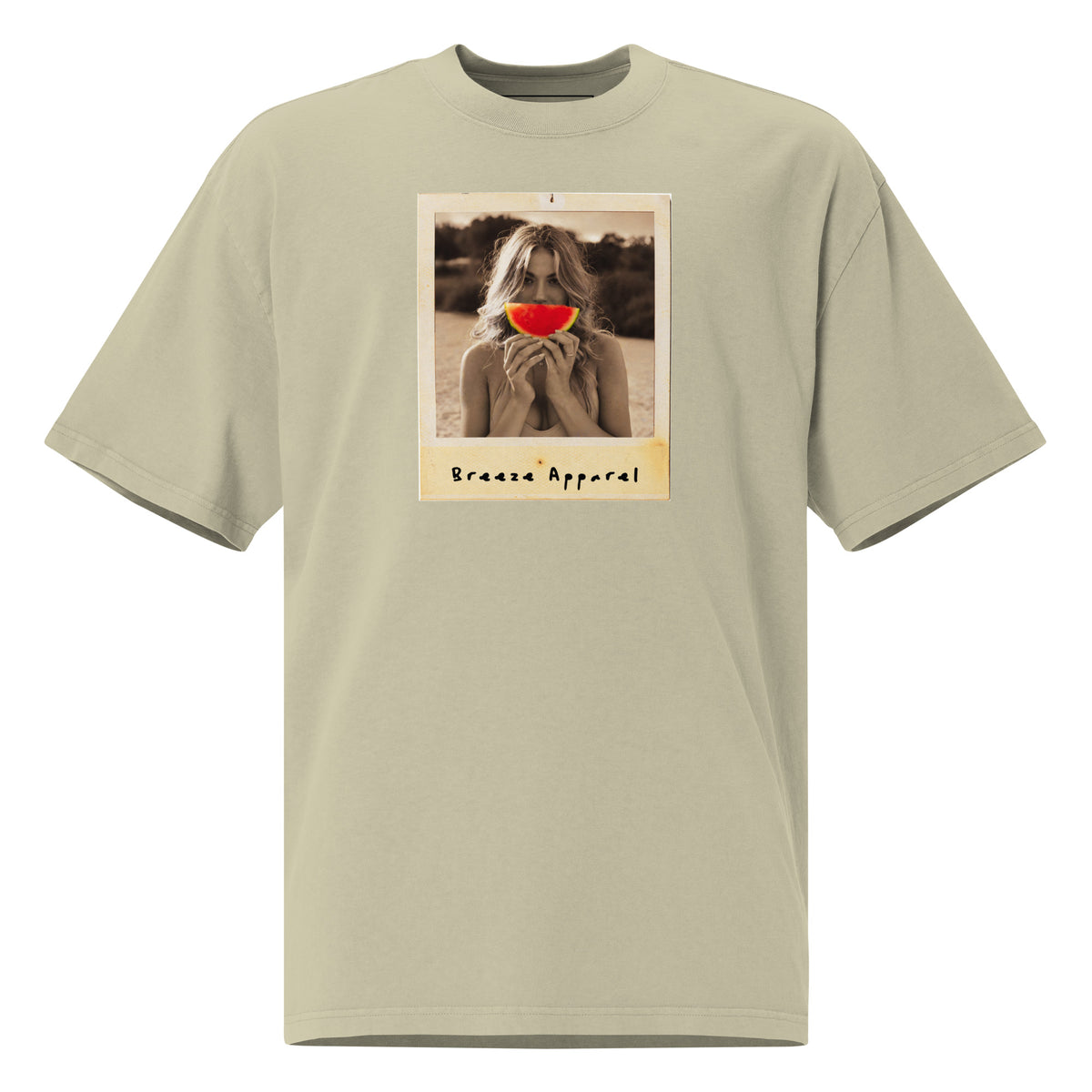 Green t-shirt with graphic of woman holding watermelon slice in front of her mouth.