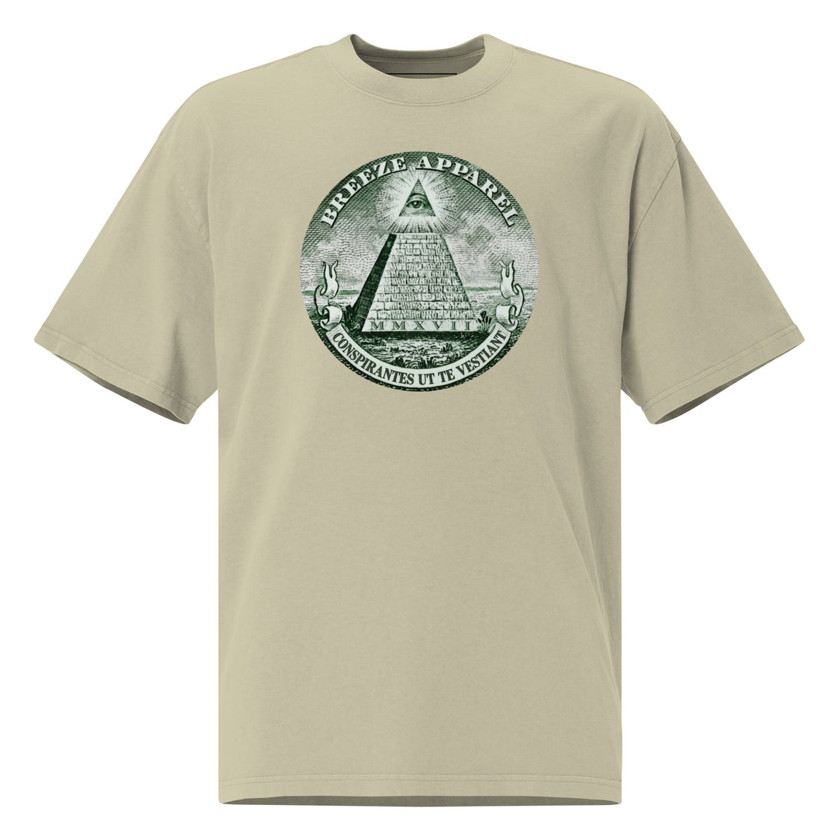 Green t-shirt with graphic resembling pyramid on US one-dollar bill.