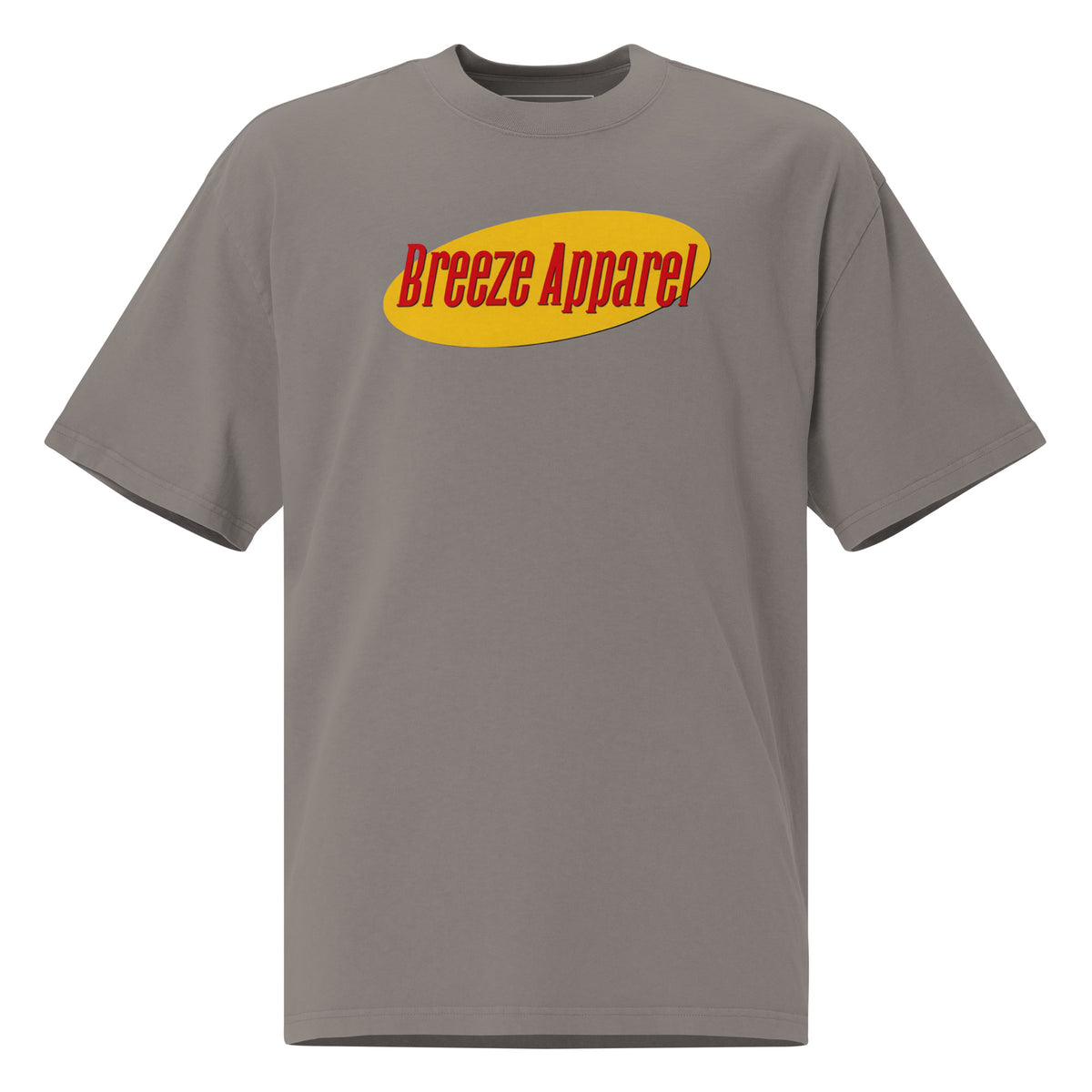 Gray t-shirt with graphic of red lettering set over yellow oval.