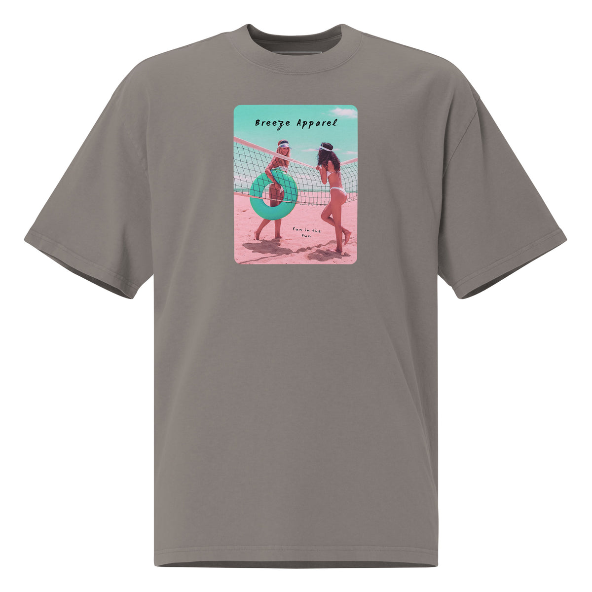 Gray t-shirt with graphic of two women on the beach.