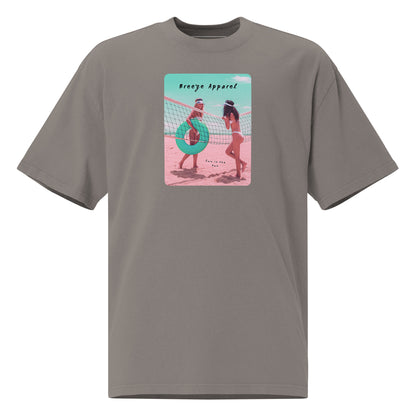 Gray t-shirt with graphic of two women on the beach.