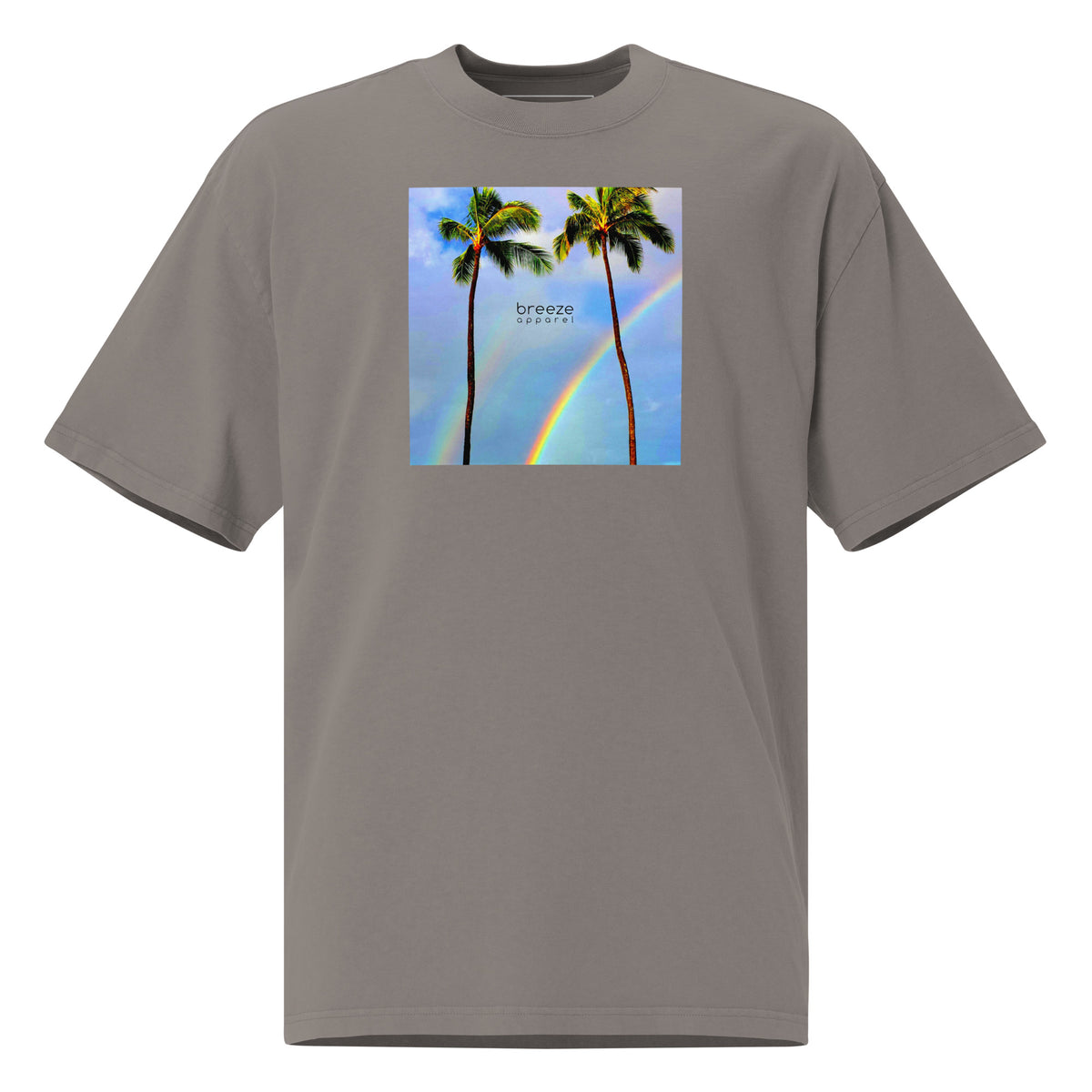 Gray t-shirt with graphic of two palm trees with rainbow in background.