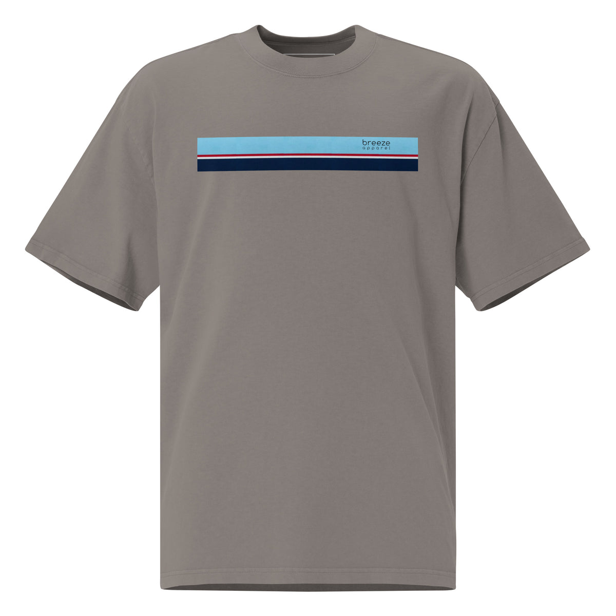 Gray t-shirt with stripe across chest.