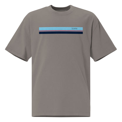 Gray t-shirt with stripe across chest.