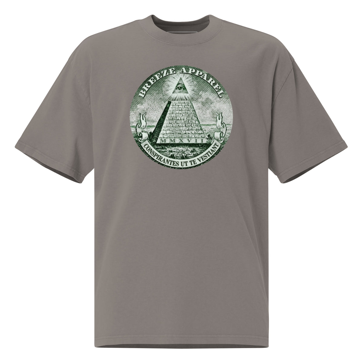 Gray t-shirt with graphic resembling pyramid on US one-dollar bill.